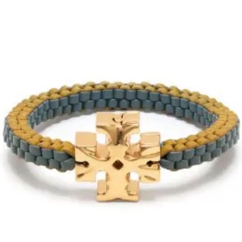 NWT Tory Burch Authentic Roxanne Goldtone & Green Yellow Leather Woven Bracelet